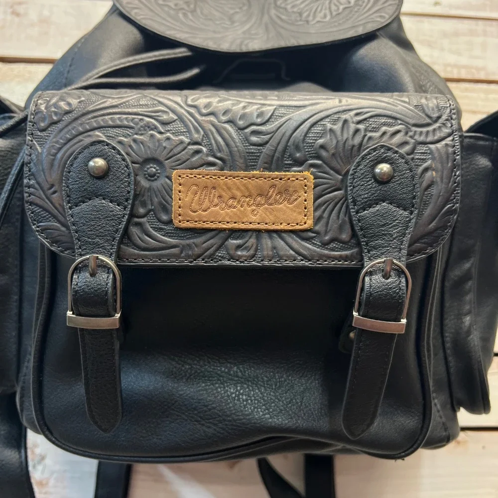 Wrangler Genuine Cowhide Tooled Floral Backpack Black Western Cowgirl Book Bag